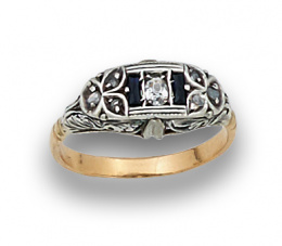 551.  Anillo Art-Decó con zafiro y símil diamantes en oro de 18k con frente de platino.