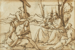 262.  ESCUELA ITALIANA, H. 1600Virgen con el Niño, Santa Ana y otros santos en un paisaje.