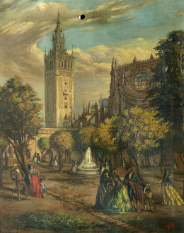 288.  ESCUELA SEVILLANA, FF. S. XIXVista del Patio de los Naranjos de la Catedral de Sevilla con escenas galantes..