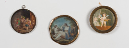 197.  Lote de 3 miniaturas: dos con “escenas mitológicas”  y una con “escena de taberna”. .
