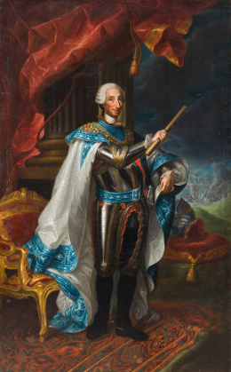 769.  ATRIBUIDO A ANDRÉS DE LA CALLEJA (Ezcaray, La Rioja, 1705 - Madrid, 1785)Retrato de Carlos III de cuerpo entero vistiendo armadura y el hábito de su Órden.h. 1776..