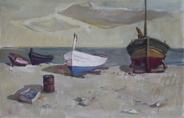 919.  GENARO LAHUERTA (Valencia, 1905 - Valencia, 1985) Barcas en la playa.