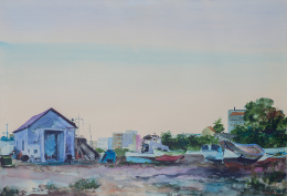 201.  LUIS GARCÍA-OCHOA (San Sebastián, 1920).Paisaje con barcas.