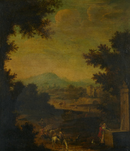 961.  ATRIBUIDO A ISAAC DE MOUCHERON (1667- 1744)Paisaje campestre con fuente y figuras..