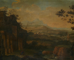 929.  ESCUELA FRANCESA, H. 1700Paiseje con escena de caza y ruinas..
