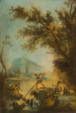 313.  SEGUIDOR DE ALESSANDRO MAGNASCO (Escuela genovesa, siglo XVIII)Pareja de paisajes con escenas costumbristas.