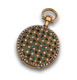 210.  Reloj lepine “ V.LE JEUNE “ pps s XX en oro de 18K con perlas finas y esmeraldas.