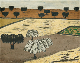 431.  GODOFREDO ORTEGA MUÑOZ (San Vicente de Alcántara, 1899 - Madrid, 1982)“Campos con olivos y encinas”, c.1965.