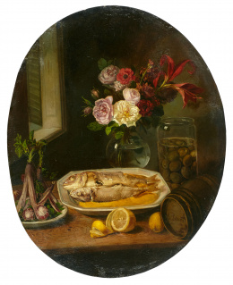 180.  JOSÉ FELIPE PARRA (1826- 1890)“Bodegón con flores y peces en un interior” y “Bodegón de dulces y carnes en un paisaje”..