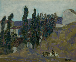 423.  AGUSTÍN REDONDELA  (Madrid, 1922 - 2015)“Vista de pueblo con arriero”, 1980.