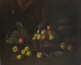 1231.  ESCUELA ESPAÑOLA, SIGLO XVIIBodegón con cesto de frutas limones sobre el pedestal con cortinaje al fondo.