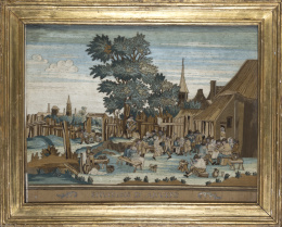 969.  Enviarons D’ AnversBordado a pintura con escena de taberna y grabado aplicado y coloreado. Con marco dorado.Trabajo Belga, S. XVIII-XIX.