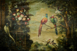 171.  ESCUELA ESPAÑOLA, SIGLO XIXConcierto de aves con jilgueros, faisán y jarrón de flores..