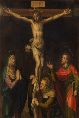 388.  MIGUEL JOAN PORTA (c.1544- c.1616)Cristo crucificado con la Virgen, San Juan Bautista y María Magdalena.