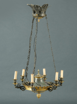 944.  Lámpara imperio de seis brazos de luz en bronce dorado y patinado.Trabajo francés, S. XIX..