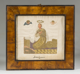 946.  Santa EufrasiaBordado “a pintura”, sobre seda.Trabajo español, pp. del del S. XIX.