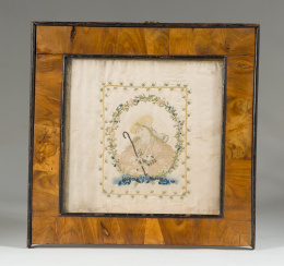 950.  “La divina Pastora”Bordado “a pintura”, sobre seda.Trabajo español, pp. del S. XIX.