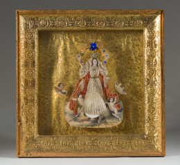 949.  “La Ascensión de la Virgen”.Papel litografiado, encaje, tela y perlas simuladas.Trabajo conventual, S. XIX.