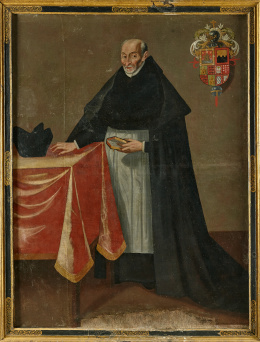 805.  ESCUELA ESPAÑOLA, SIGLO XVIIIRetrato de un eclesiástico de cuerpo entero con roquete sobre una mesa y un libro en la mano..