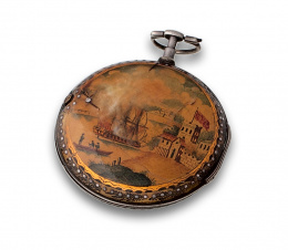 731.  Reloj catalina Inglés ffs s XVIII con caja de plata esmaltada con escena naval. En plata Maquinaria firmada:P.PHILIPS LONDON 17278.