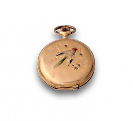 717.  Pequeño reloj saboneta de pps s XX en oro de 18K con diamantes y esmalte.