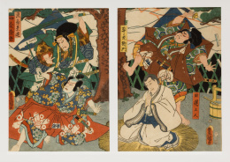 761.  TOYOKUNI (Escuela japonesa, siglo XIX)“El monje budista Nichiren salvado por la oración”. Diptico.1857..