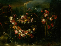 907.  MARGARITA CAFFI  (Cremona, siglo XVII)Cesto de flores junto a una fuente sobre un paisaje..
