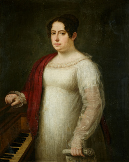 820.  JOSÉ GUTIERREZ DE LA VEGA (Sevilla, 1791- Madrid, 1865).Retrato de la Marquesa de Moscoso, de medio cuerpo, junto a un piano, con una partitura en la mano...