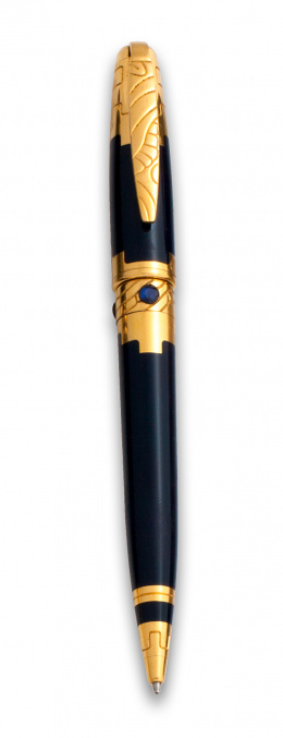 793.  Bolígrafo Dupont en laca azul con símil zafiros y decoración geométrica en chapado de oro.