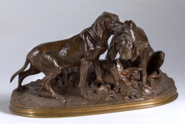 1078.  Pierre Jules, Mene (1810-1879)“Perros”Escultura en bronce patinado..