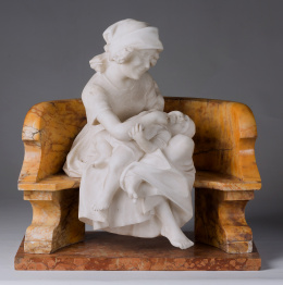 1126.  Aya con niño en un bancoEscultura de mármol tallado.Finales del S. XIX..