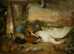 245.  ESCUELA ESPAÑOLA, SIGLO XXBodegón de caza muerta sobre un paisaje y Bodegón de caza muerta y frutos sobre una mesa..