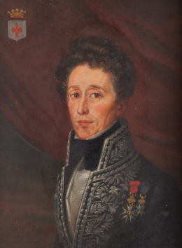 818.  ESCUELA FRANCESA, SIGLO XIXRetrato de Armand de la Bonniniere, Conde de Beaumont (1782- 1815), con su escudo de armas..