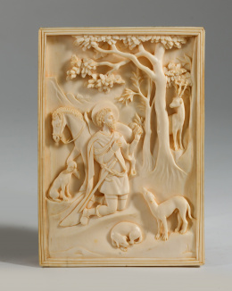 527.  Placa de marfil la visión hegiográfica de San Eustaquio o Huberto de Lieja.Trabajo centroeuropa, principios del S. XX..