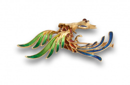 738.  Broche Ave del paraíso años 50 con esmalte polícromo en oro de 18K.