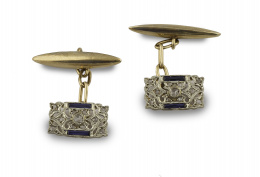 693.  Gemelos Art-Decó con decoración rectangular calada con zafiros calibrados y brillante central