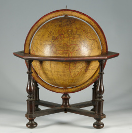 1091.  Globo terráqueo,para la educación de los príncipes, grabado coloreado, con su soporte en madera de roble.Francia, París,  Jean Nicolas Fortín, 1798..