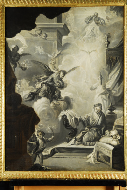 175.  CIRCULO DE MIGUEL JACINTO MELENDEZ (Escuela española, siglo XVIII)Anunciación, grisalla..