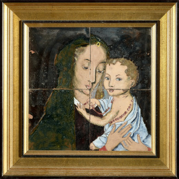 967.  Daniel Zuloaga (1852-1921)“Virgen con el Niño”Cuatro azulejos de cerámica esmaltada.