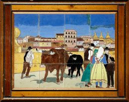 964.  “Segovianos, con la ciudad al fondo”Doce azulejos de cerámica esmaltada..