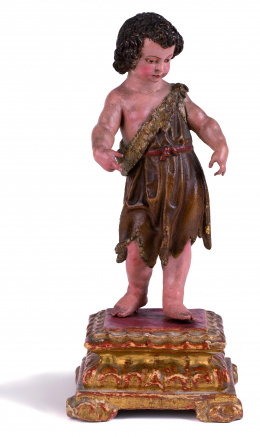 555.  San JuanitoCirculo de Juan Martínez Montañés (Alcalá la Real, 1568 - Sevilla, 1649), principios S. XVIIEscultura en madera tallada y policromada sobre base en madera tallada, policromada y dorada..