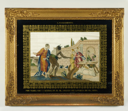 961.  Bordado “a pintura” con marco ebonizado, lleva inscrito “X mandamiento” y leyenda: Por María Mir y Cáceres en el RL Colegio de la Pureza de MA. SSMA.Trabajo español, S. XIX.