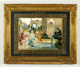 962.  Bordado “a pintura” con marco ebonizado, lleva inscrito” IX mandamiento” y leyenda: Por María Mir y Cáceres el el RL. Colegio de la Pureza de MA. SSMA.Trabajo español, S. XIX.