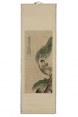 1068.  Rollo en seda y papel berjurado pintado.Trabajo chino, S. XIX.