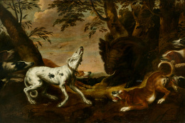 224.  CÍRCULO DE PAUL DE VOS (Escuela flamenca, siglo XVII)La caza del jabalí..