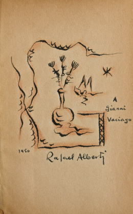 874.  RAFAEL ALBERTI (El Puerto de Santa María, Cádiz, 1902 -1999)“Jarrón de flores y paisaje”, 1950.