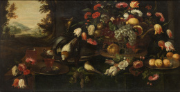 487.  ATRIBUIDO A FRANCISCO BARRERA (c. 1595-1658)Bodegón de flores, frutas y caza muerta
