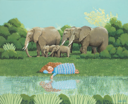 813.  ISABEL VILLAR (Salamanca, 1934)Niña en el rio con cinco elefantes, 2007.