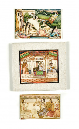 1168.  Tres placas de marfil, pintado con diferentes escenas.Trabajo indio, S. XIX-XX.