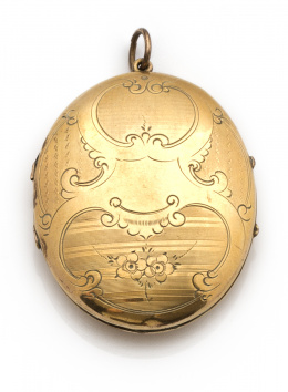 600.  Colgante portafotos ovalado de pp s XX en metal plaqué or.